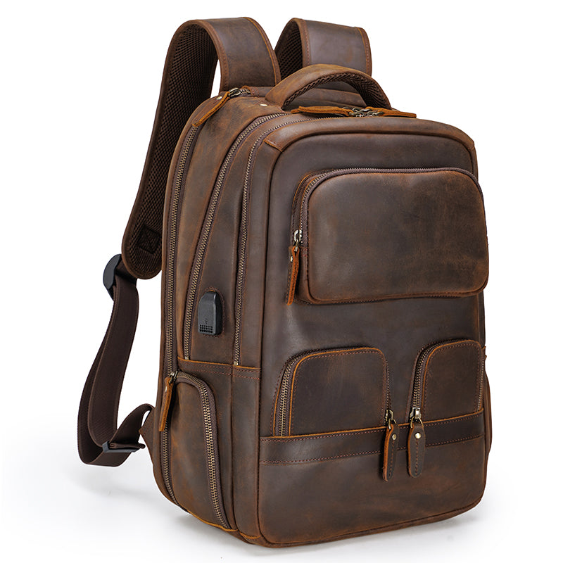 STAR VISTA Antonio 17.3" Vintage Full Grain Leather Laptop Backpack for Men, Multi Pockets, Casual Outdoor Business Travel Rucksack, YKK Zippers, Dark Brown