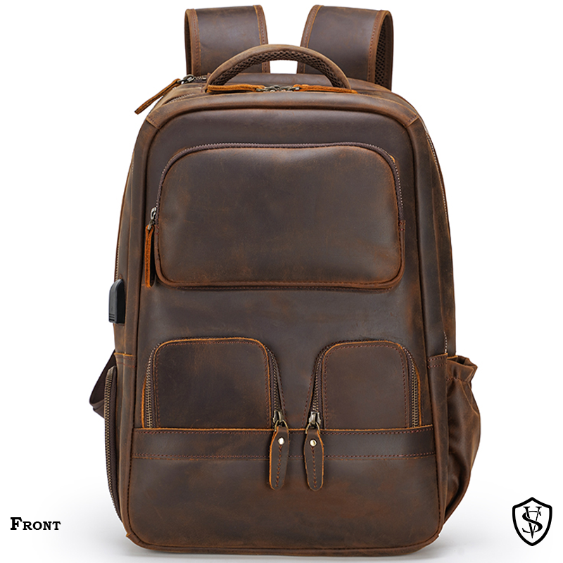 STAR VISTA Antonio 17.3" Vintage Full Grain Leather Laptop Backpack for Men, Multi Pockets, Casual Outdoor Business Travel Rucksack, YKK Zippers, Dark Brown