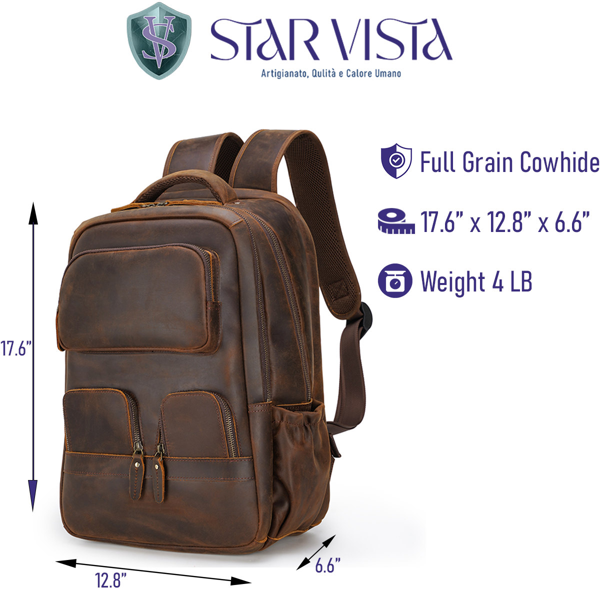 STAR VISTA Antonio 17.3" Vintage Full Grain Leather Laptop Backpack for Men, Multi Pockets, Casual Outdoor Business Travel Rucksack, YKK Zippers, Dark Brown