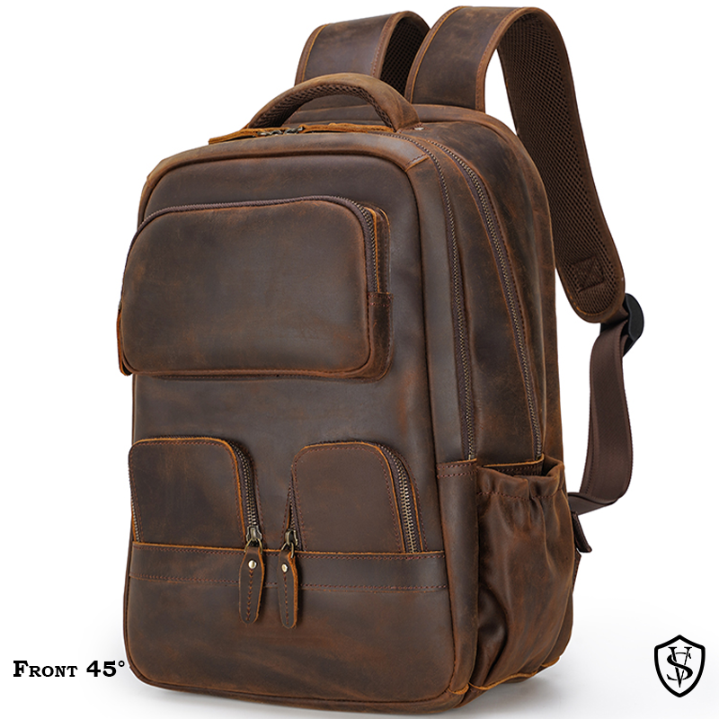 STAR VISTA Antonio 17.3" Vintage Full Grain Leather Laptop Backpack for Men, Multi Pockets, Casual Outdoor Business Travel Rucksack, YKK Zippers, Dark Brown