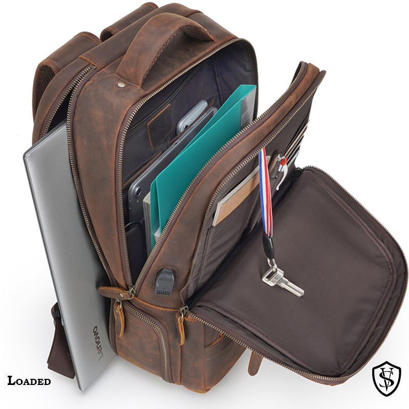 STAR VISTA Antonio 17.3" Vintage Full Grain Leather Laptop Backpack for Men, Multi Pockets, Casual Outdoor Business Travel Rucksack, YKK Zippers, Dark Brown