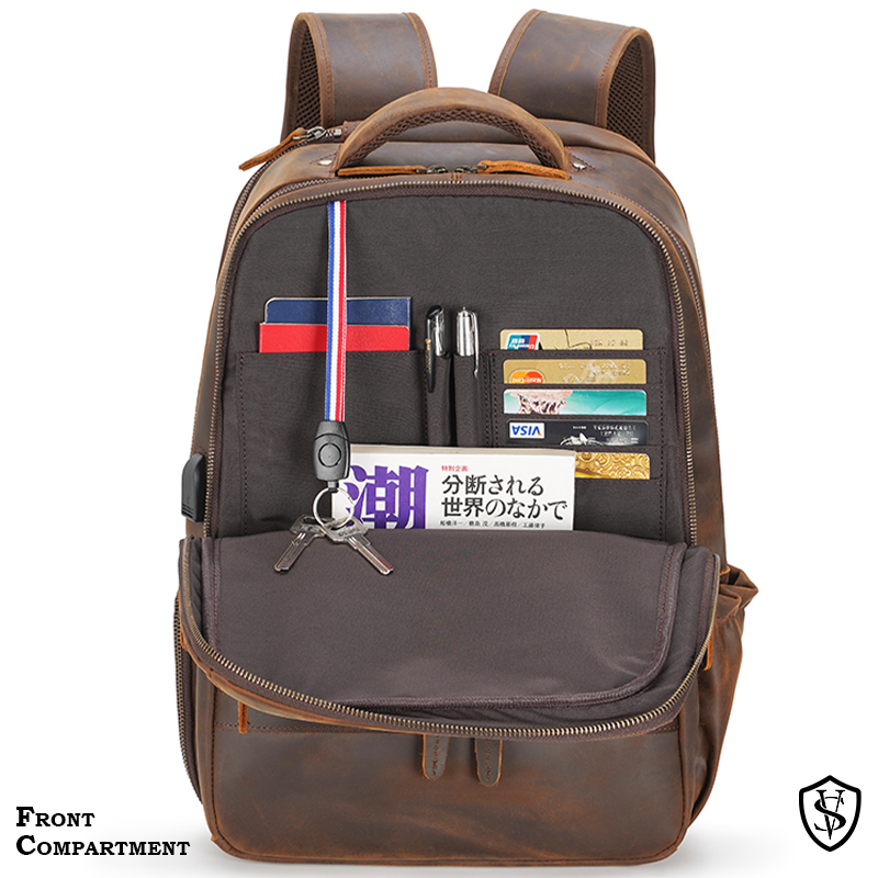 STAR VISTA Antonio 17.3" Vintage Full Grain Leather Laptop Backpack for Men, Multi Pockets, Casual Outdoor Business Travel Rucksack, YKK Zippers, Dark Brown