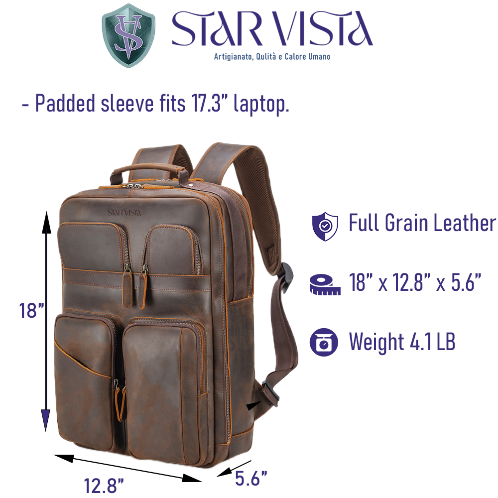 Angelo 17.3" Multi Pockets Vintage Leather Laptop Backpack
