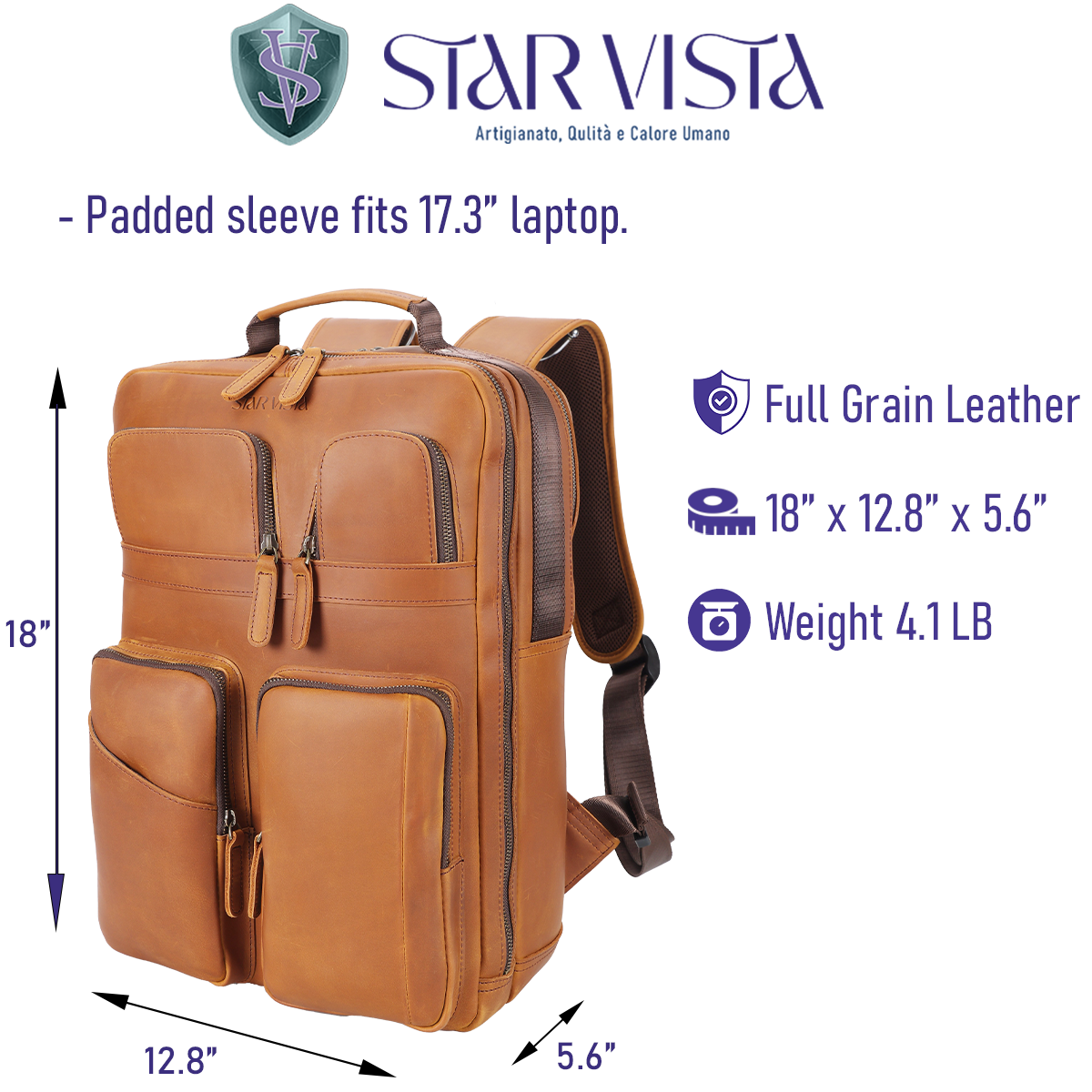 Angelo 17.3" Multi Pockets Vintage Leather Laptop Backpack